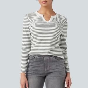 Halara Notched Long Sleeve Stripe Casual Top